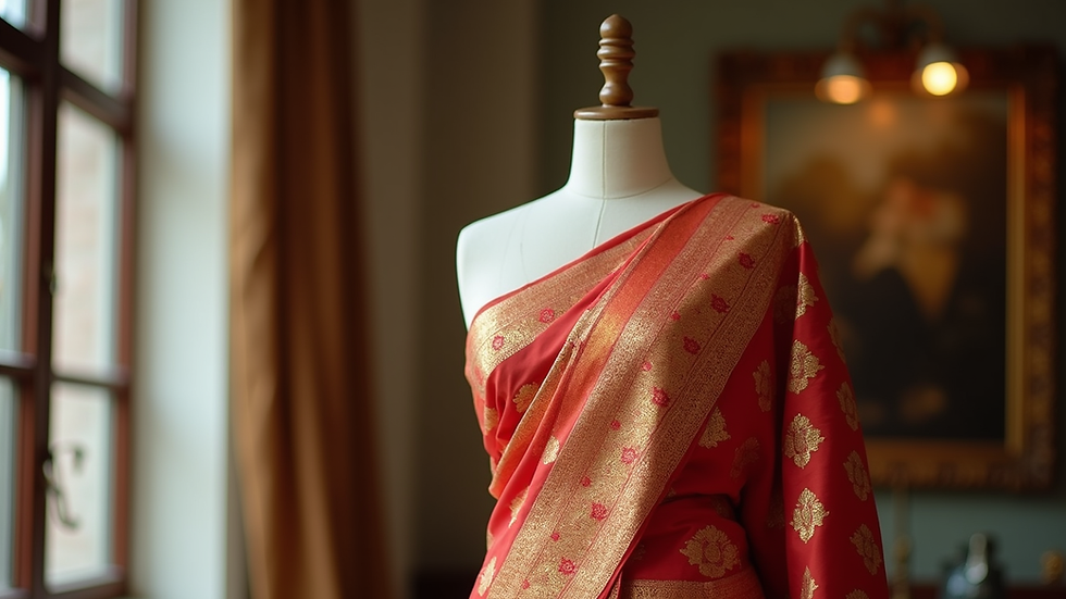 Eye-level view of a mannequin draped in a traditional Banarasi silk saree with gold zari work