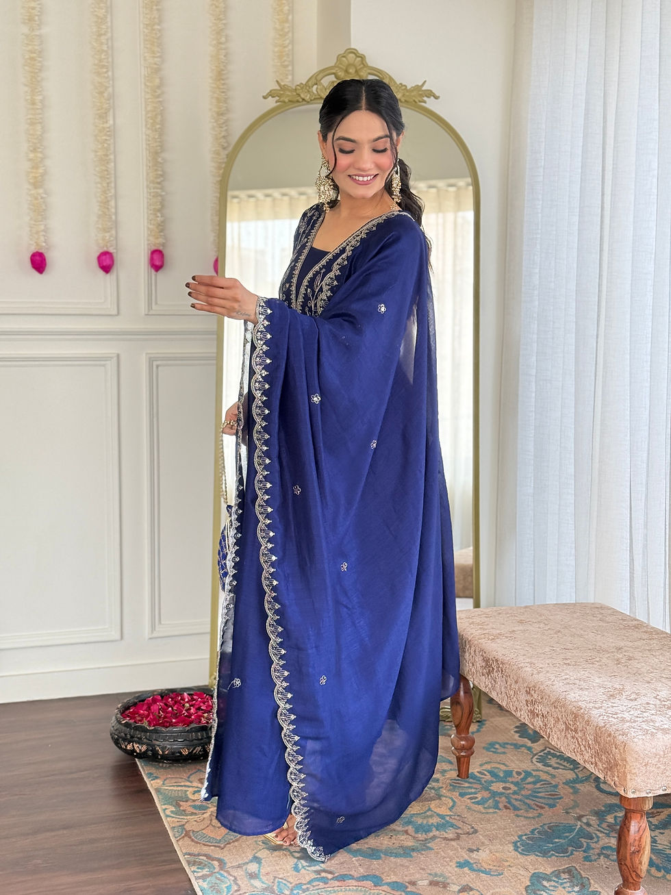 Thumbnail: Women Vichitra Silk Embroidered Flared Kurta Set with Rayon Pant and Dupatta | F