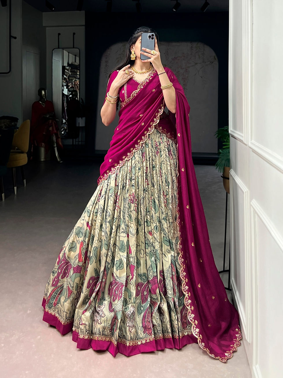 Thumbnail: Kalamkari Print Tasar Silk Lehenga Choli Set Embroidery Dupatta Festive Party
