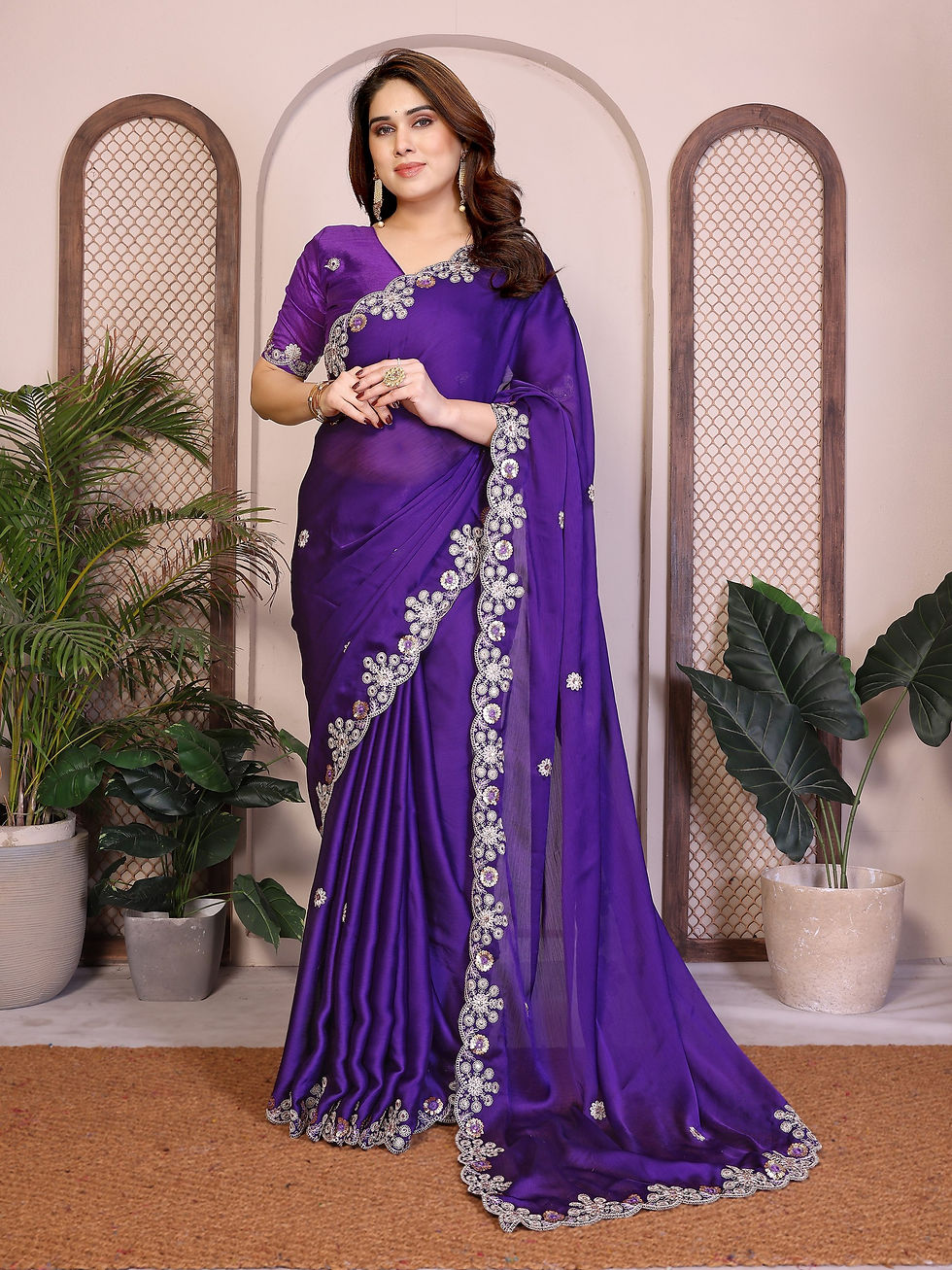 Thumbnail: Women Soft Satin Chiffon Saree with Embroidery Lace Border and Mono Banglory Sil
