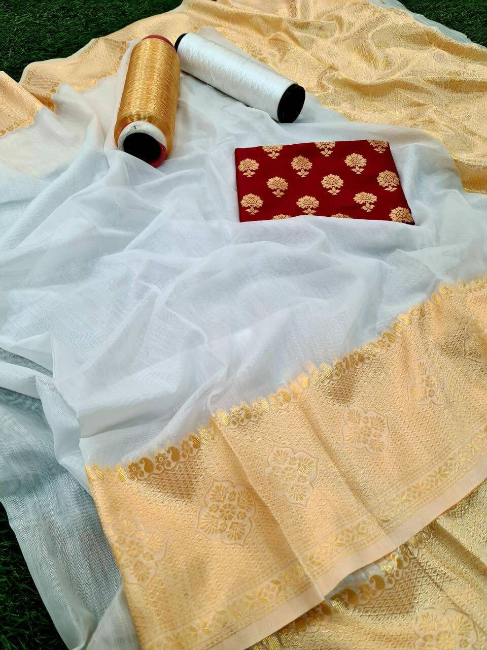 Thumbnail: South Indian Traditional White Pure Lichi Silk Saree with Golden Zari Weaving Wo