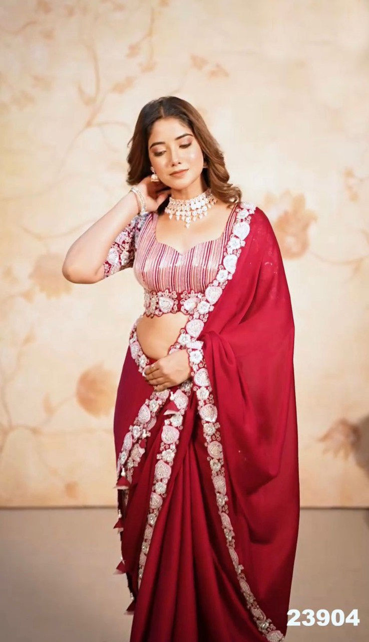 Thumbnail: Designer Partywear Chiffon saree with Beautiful Embroidery Work