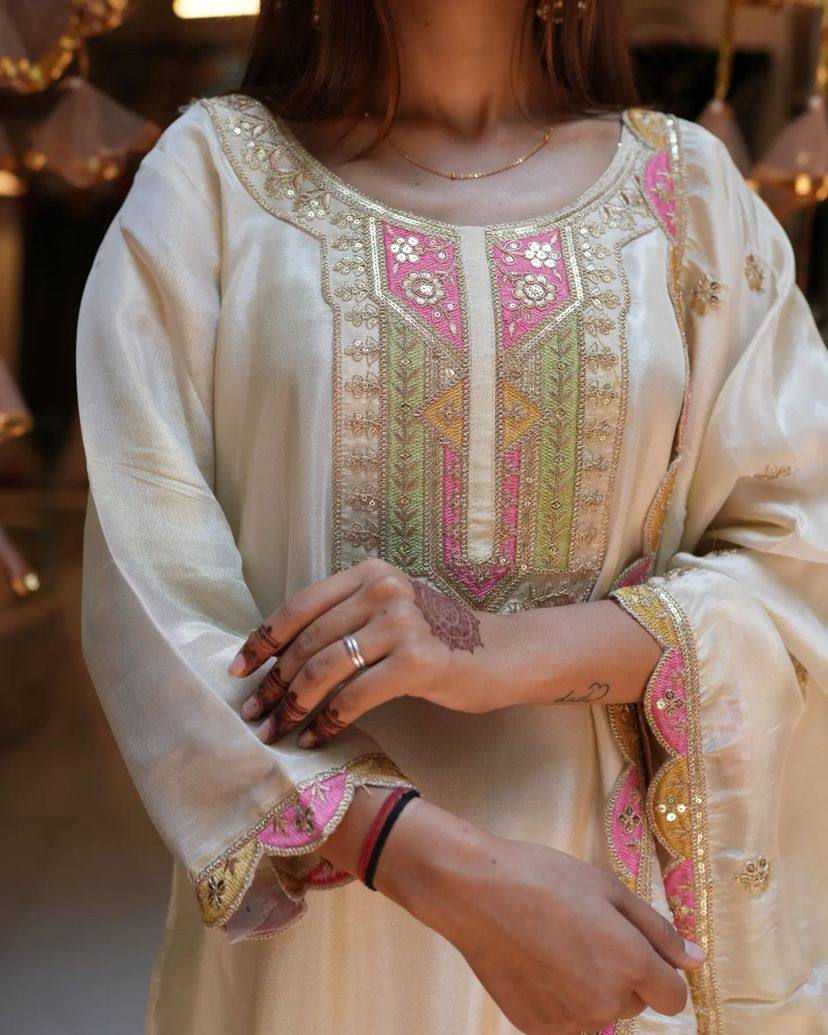 Thumbnail: Women Embroidered Viscose Chanderi Kurta Set with Organza Silk Dupatta | Festive