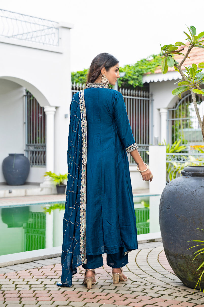 Thumbnail: Women Vichitra Silk Anarkali Suit Set Embroidered Festive Wear