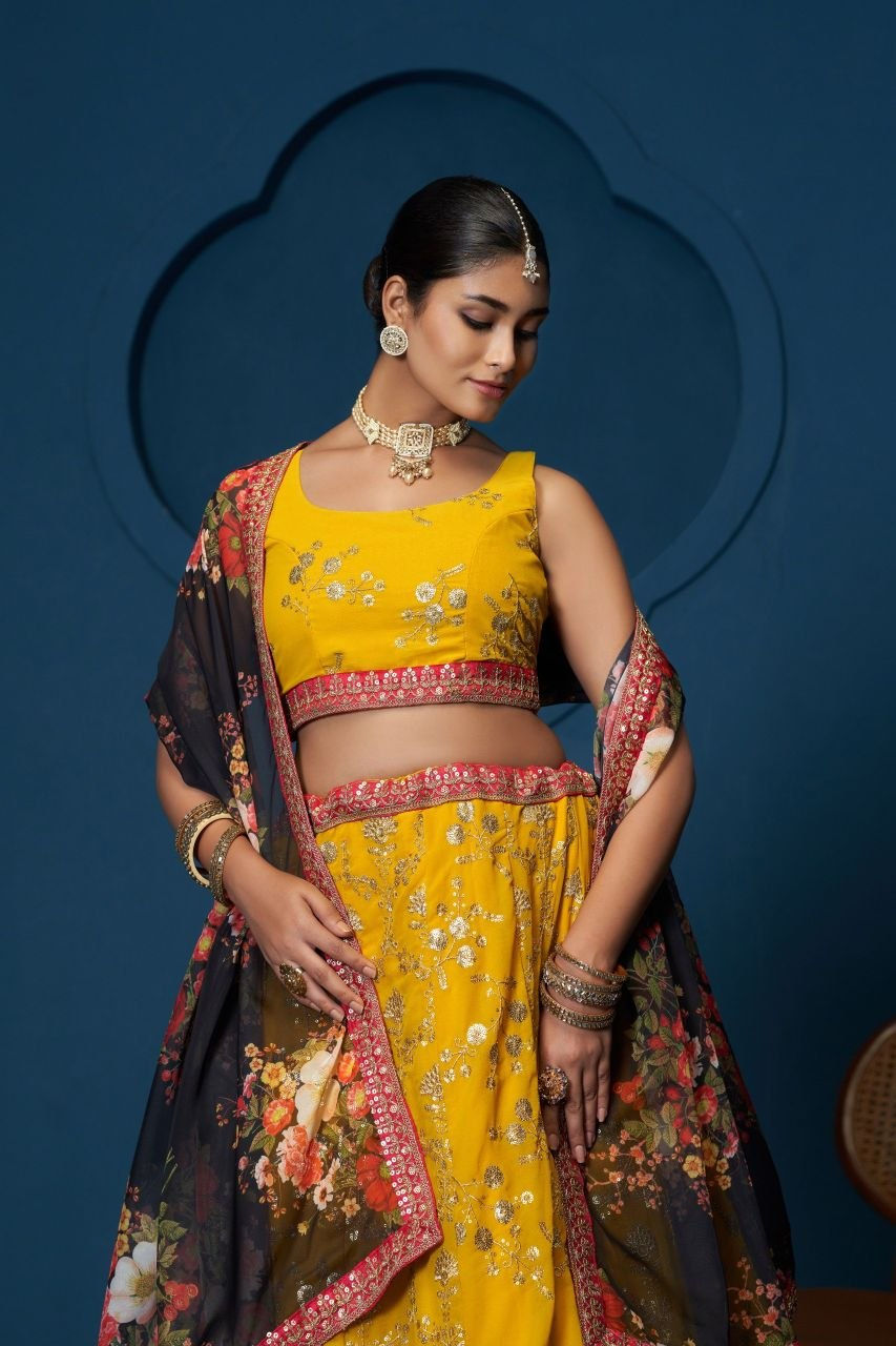 Thumbnail: Georgette Lehenga Zari Sequins Embroidery Women Festive Outfit with Organza