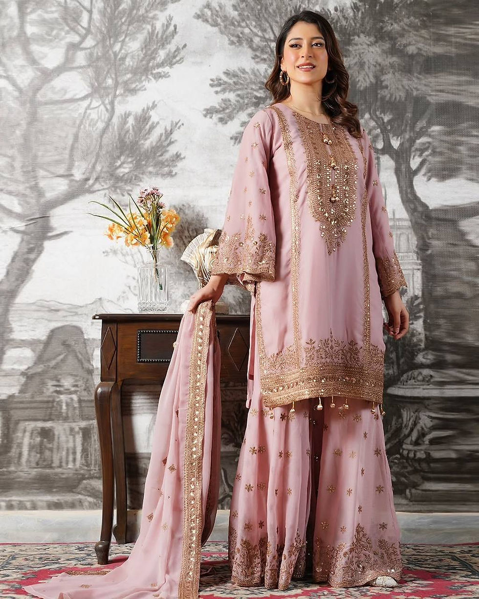 Thumbnail: Silk Sharara Suit Set Embroidery Sequins Work Dupatta Festive Wedding Party Wear