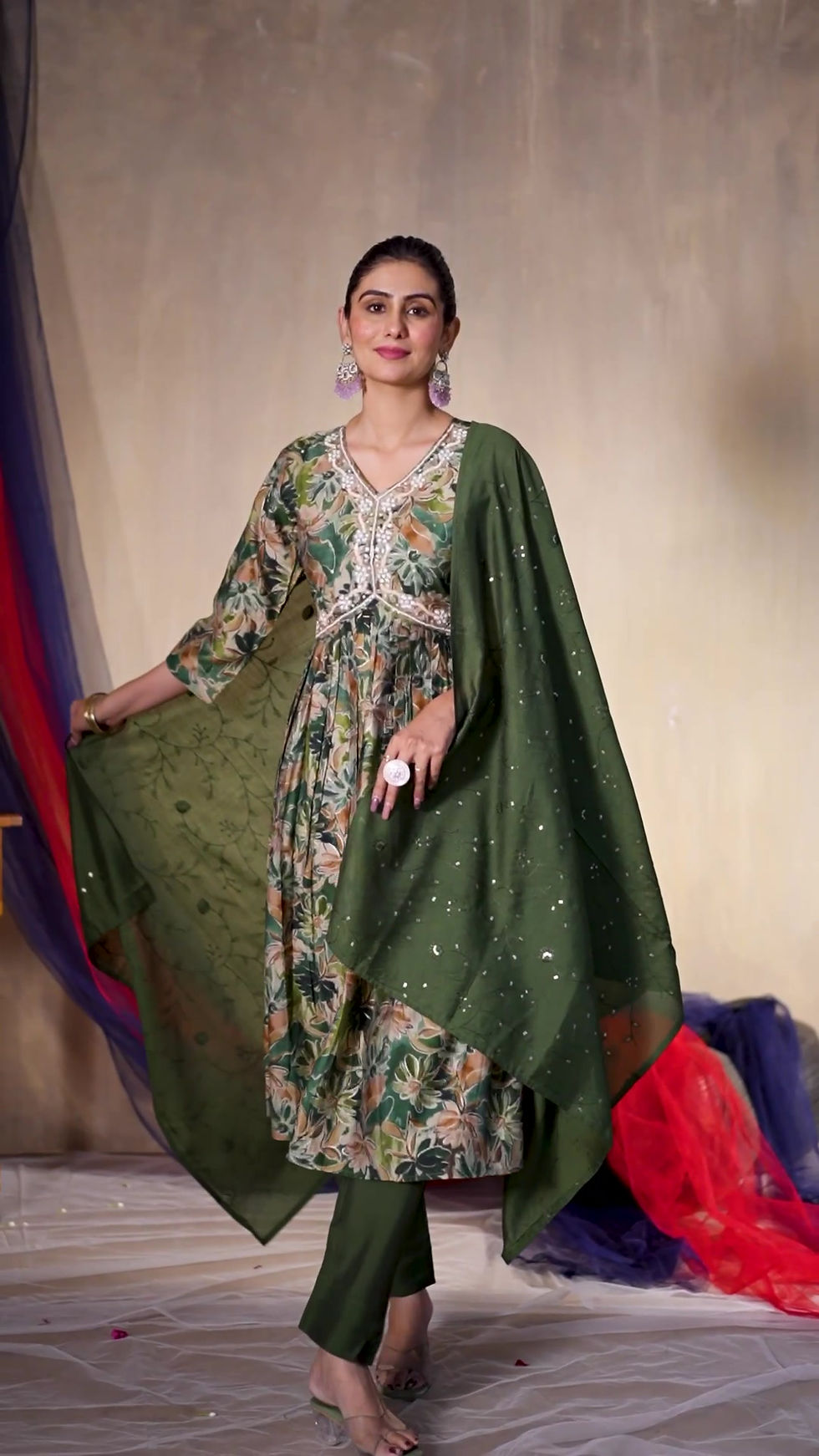 Thumbnail: Viscose 3 Piece Kurti Set for Women – Hand Embroidered Suit with Pants & Dupatta