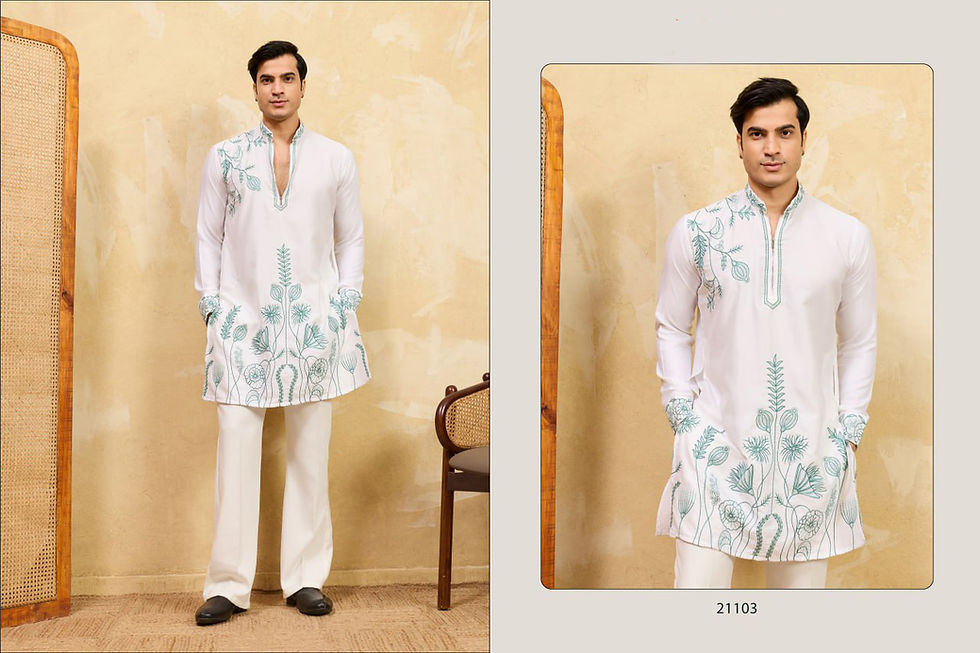 Thumbnail: Mens Khadi Silk Kurta Pant Set Multi Thread Embroidered Ethnic Wear