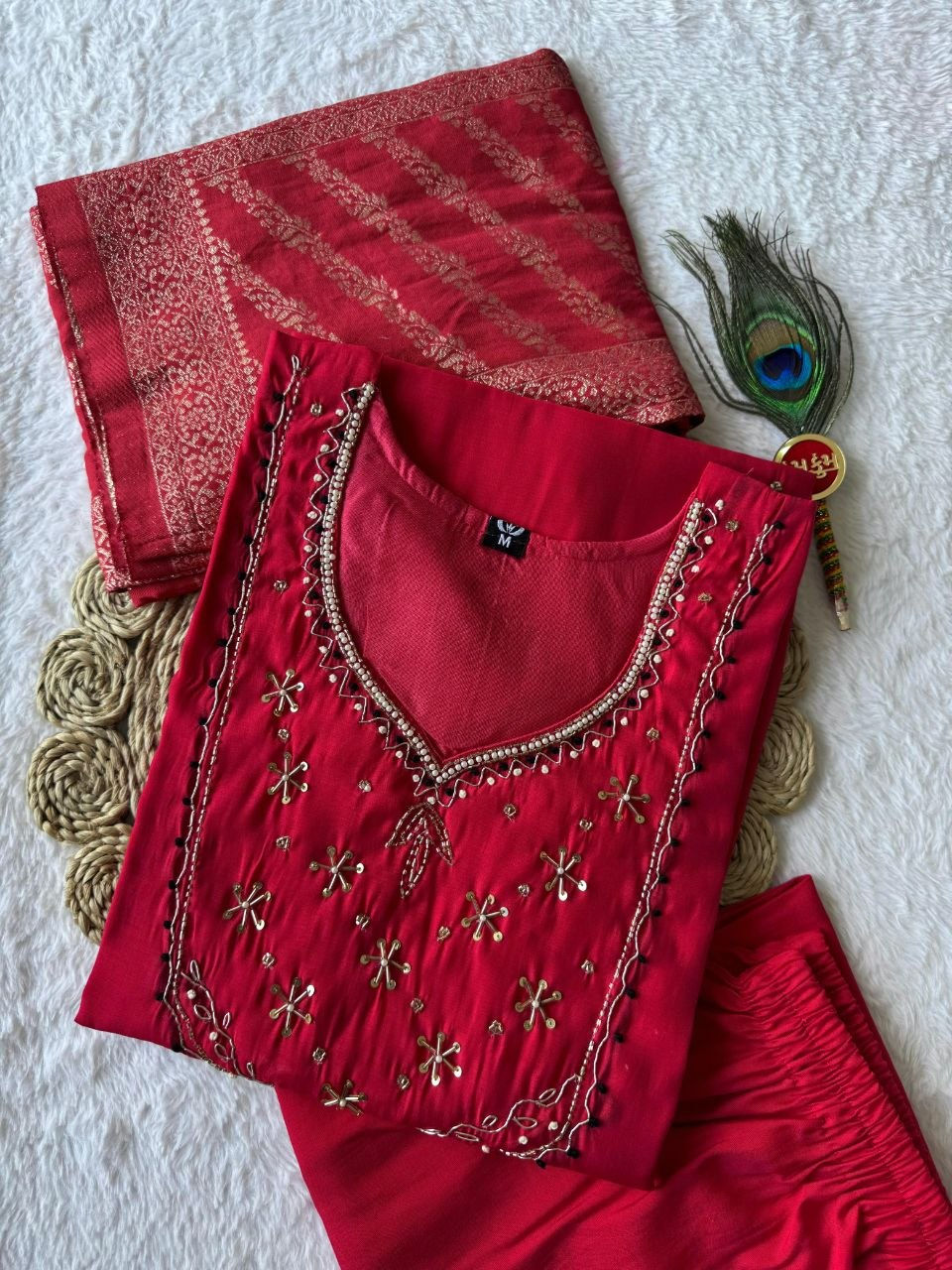 Thumbnail: Mul Chanderi Suit Set Hand Work Women Ethnic Wear with Muslin Jacquard Dupatta