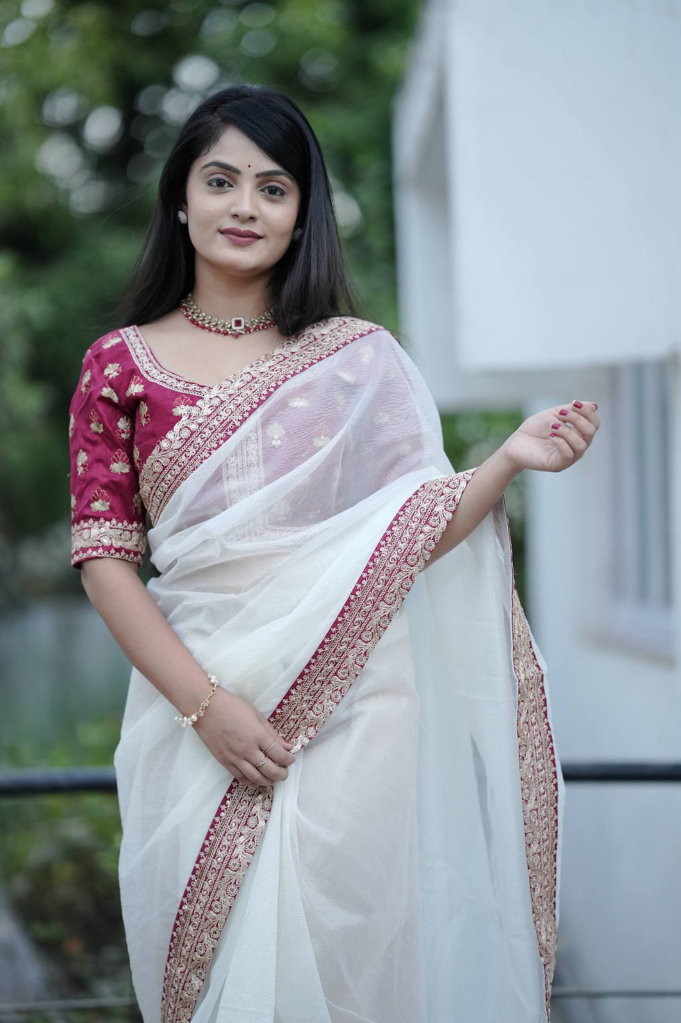 Thumbnail: Off White Banarasi Crush Saree with Sequins & Jari Dori Embroidered Lace Border