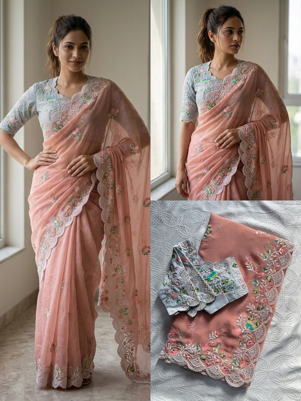 Thumbnail: Women's Fox Georgette Heavy Embroidered Saree with Mono Banglory Silk Blouse
