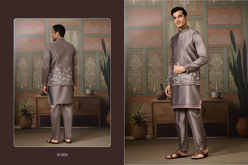 Thumbnail: Wedding Special Silk Koti Kurta with Bottom Set for Men  Sequence Embroidered W