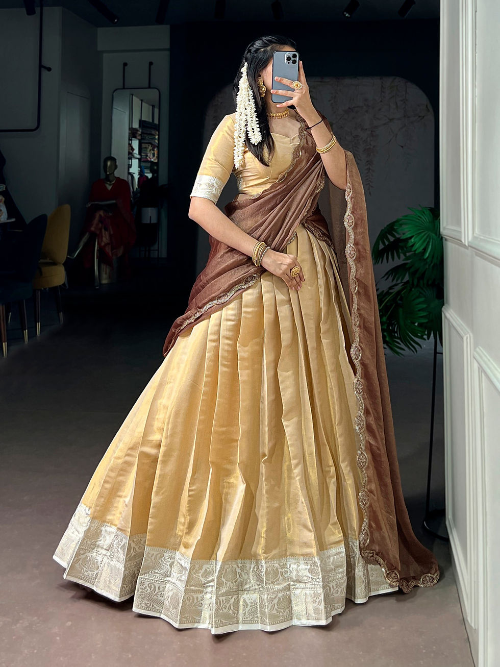 Thumbnail: Kanchipuram Silk Lehenga Choli Set with Zari Weaving and Embroidered Dupatta for