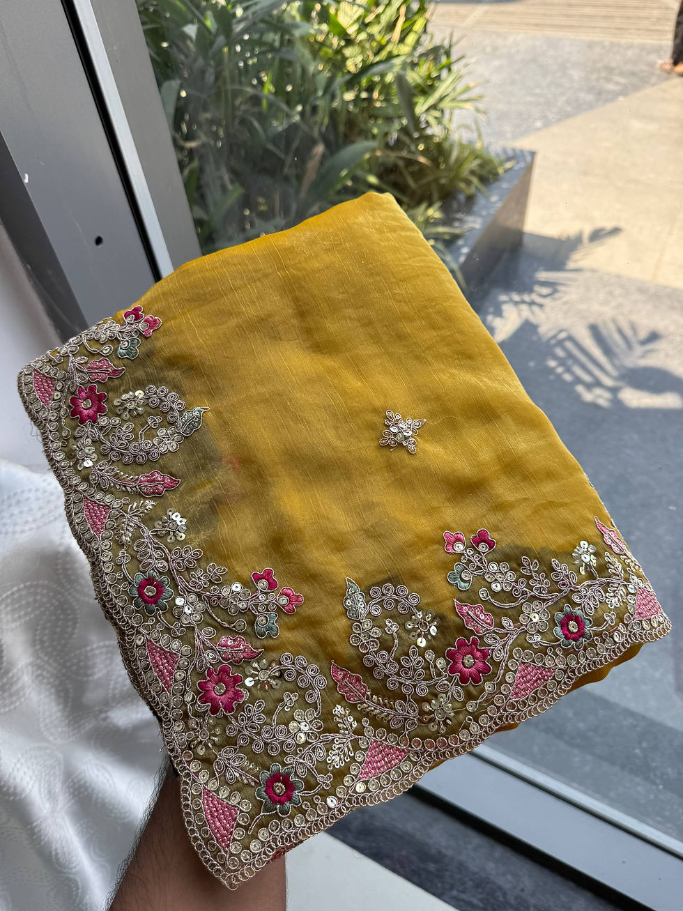 Thumbnail: Women Fendy Chiffon Silk Saree with Embroidery Work Wedding Wear Saree