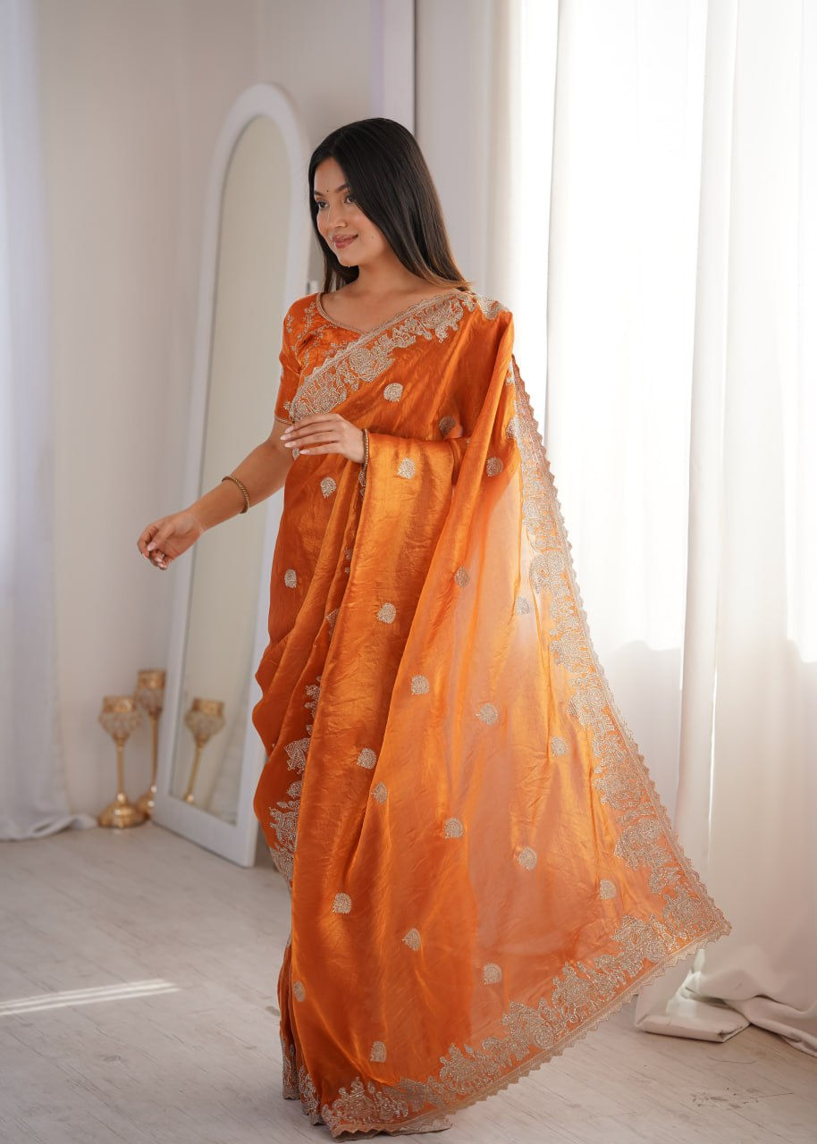 Thumbnail: Women's Premium Fendy Crush Designer Saree with Zari Embroidery & Hotfix Work