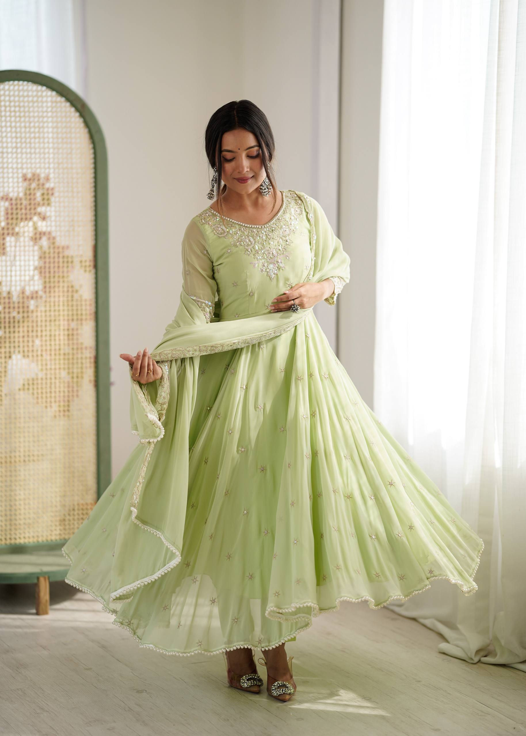 Rainbow Sequence Embroidered Faux Blooming Anarkali Gown Set with Dupatta