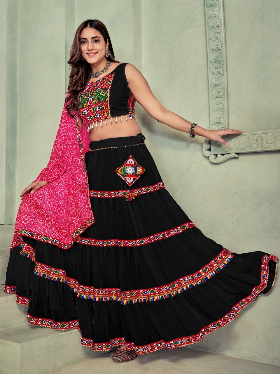 Thumbnail: Georgette Embroidered Mirror Work Lehenga Choli Set with Dupatta Wedding Wear fo