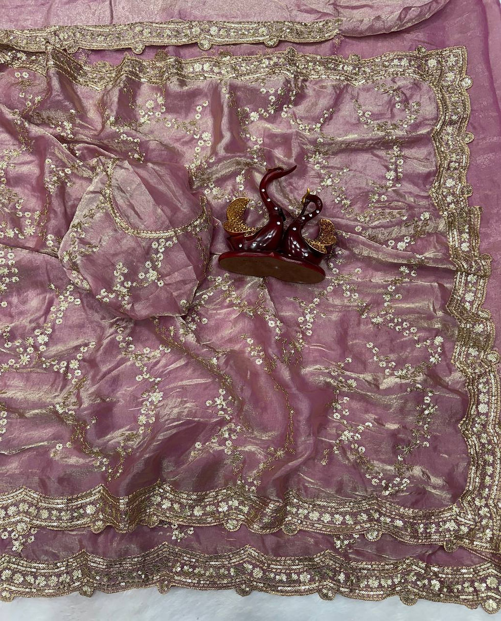 Soft Space Silk Saree with Beautiful Sequins Embroidery and Matching Blouse