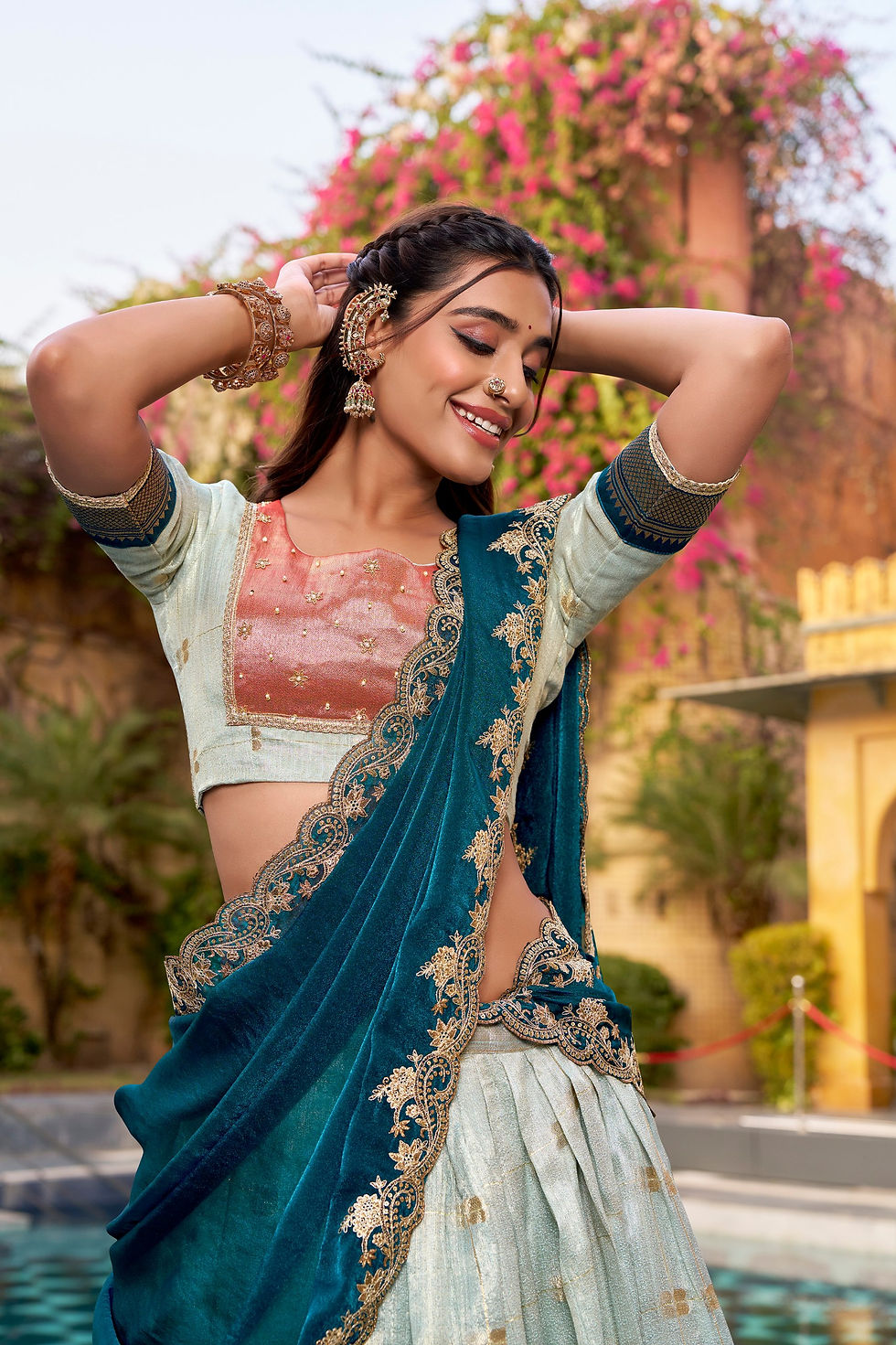 Thumbnail: Slub Kota Lehenga Paithani Border Women Festive Ethnic Outfit with Embroidered