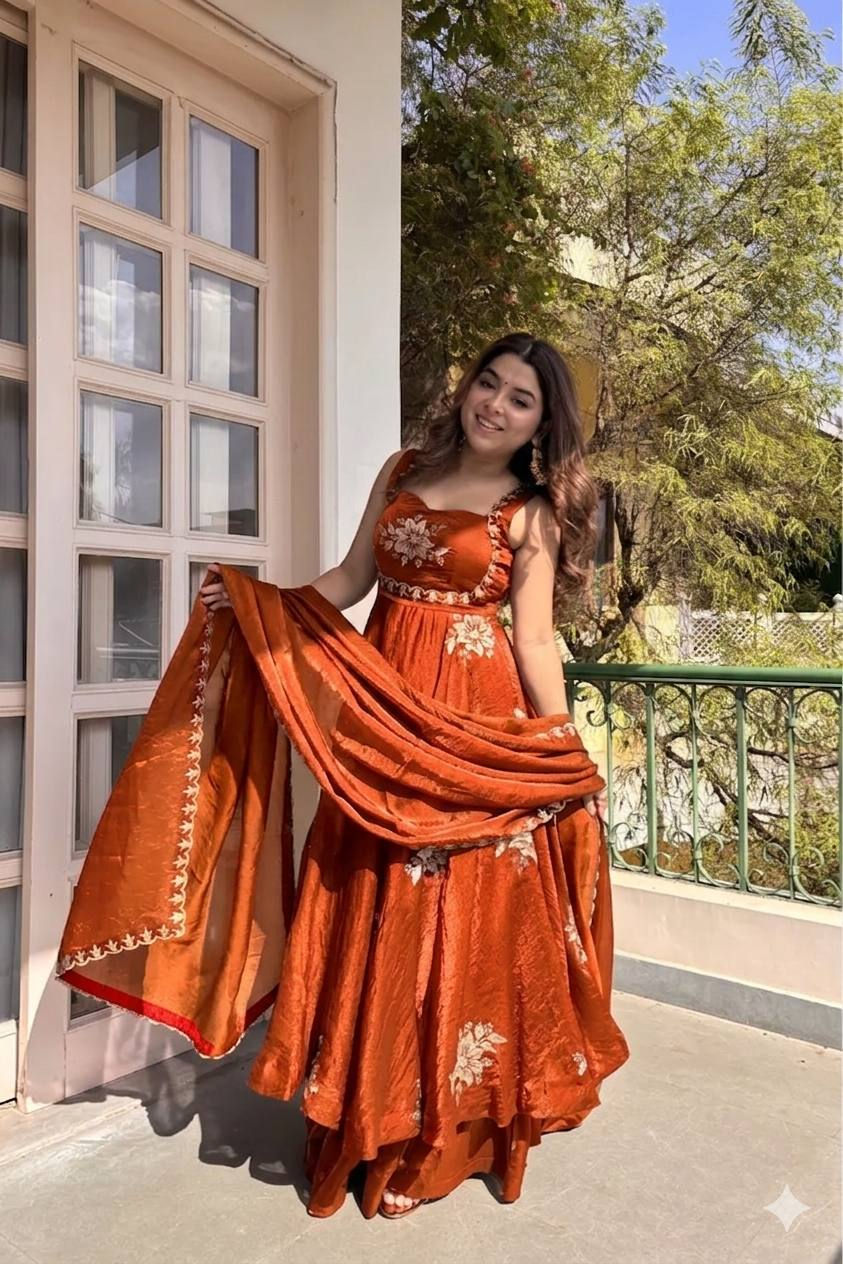 Thumbnail: Fendi Satin Gown Set Umbrella Flair Sequins Zari Embroidery Palazzo Dupatta