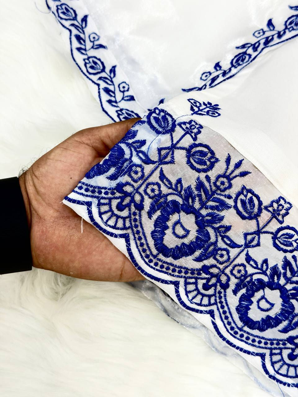 Thumbnail: Rayon Cotton Embroidered Kurta with Farshi Pant and GMY Silk Dupatta Ethnic Suit