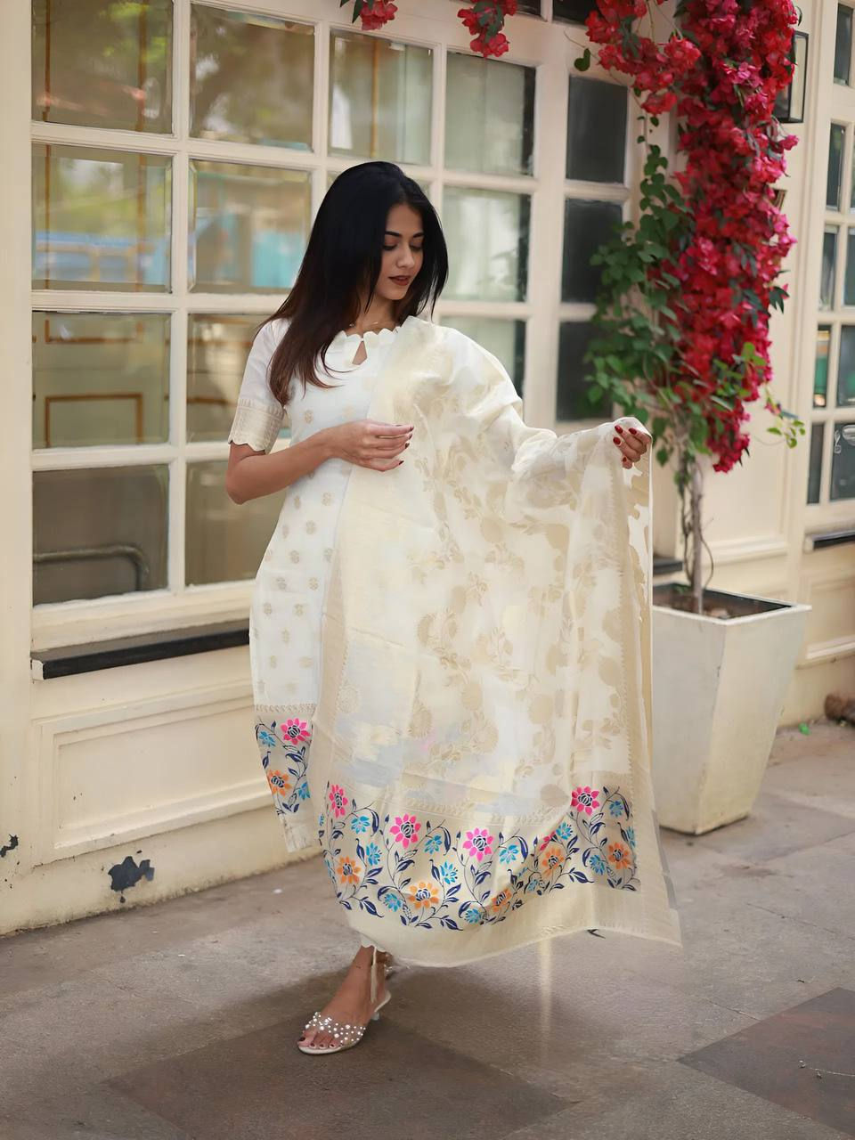 Thumbnail: Viscose Jacquard Kurti Pant Set with Jacquard Dupatta Elegant Festive Wear