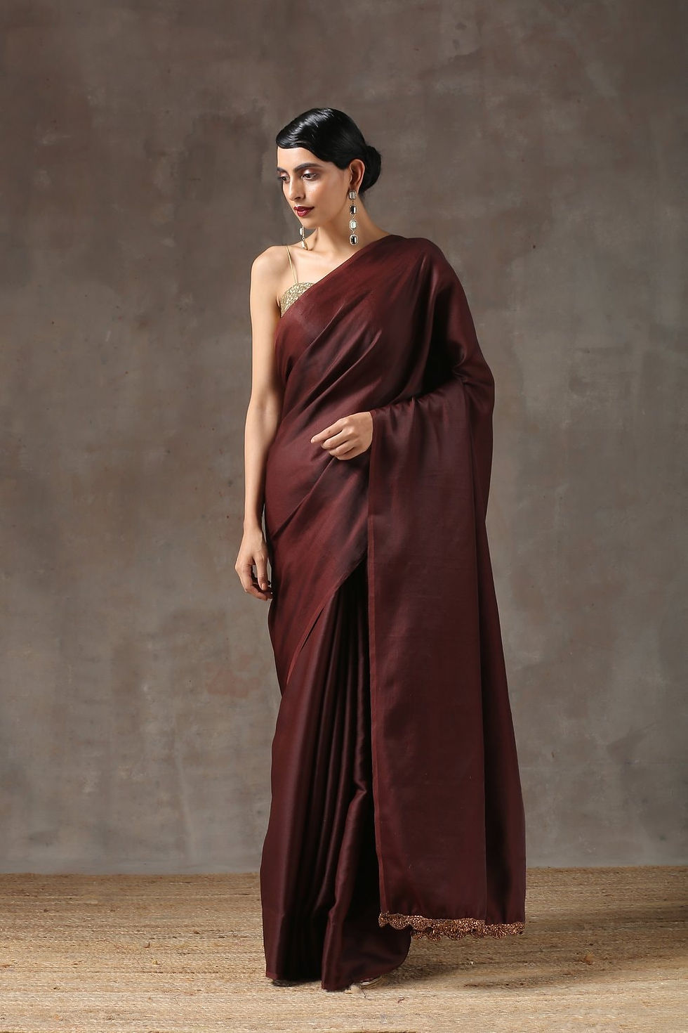 Thumbnail: Brown Satin Silk Plain Saree With gold Sequence embroidery Unstitch Blouse For