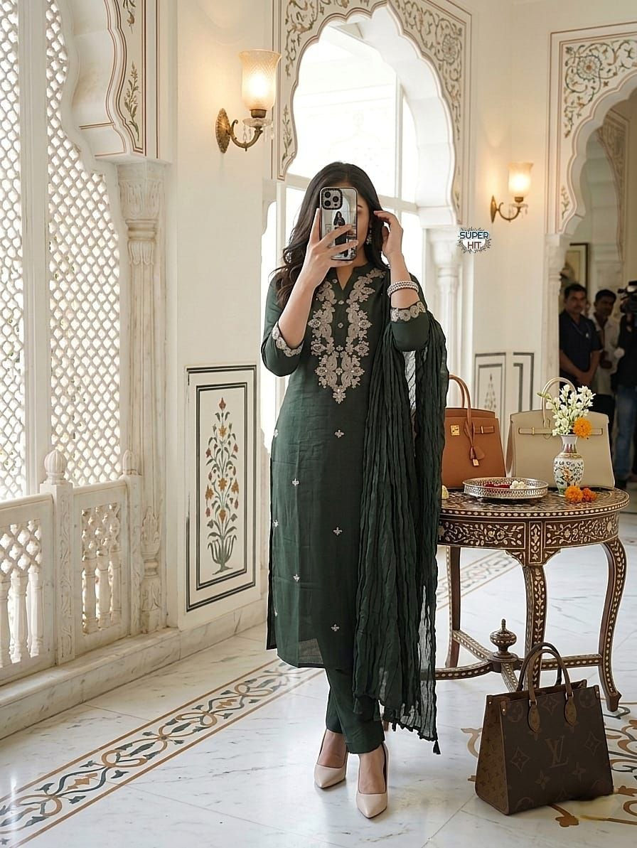 Thumbnail: Premium Rayon Slub Kurti Set Embroidery Coding Work Women Ethnic Wear Outfit