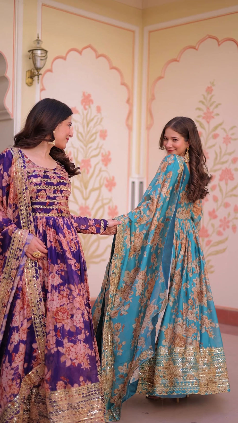 Thumbnail: Russian Silk Digital Print Gown with Sequins Embroidery | Party Wear Anarkali Dr