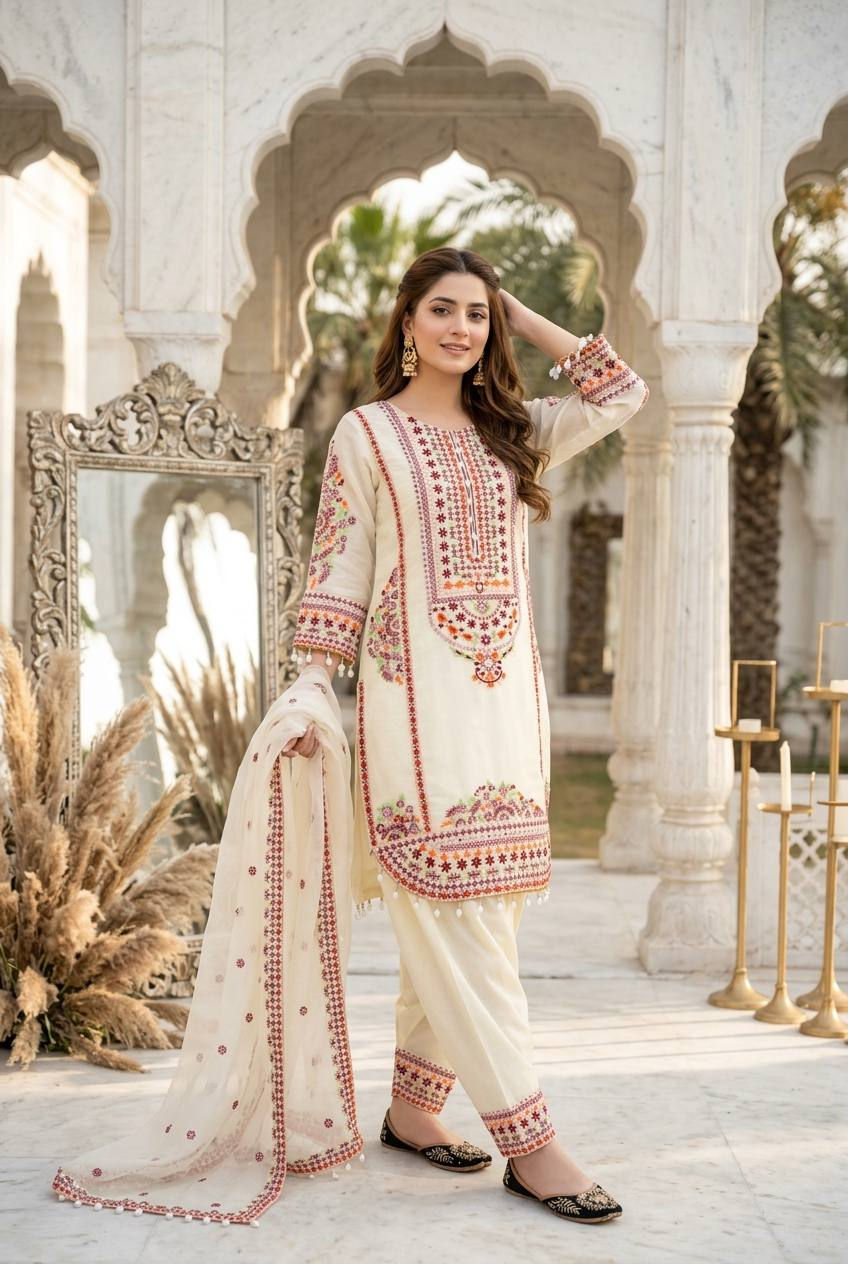 Thumbnail: Women's Heavy Mal Chanderi Embroidered Kurta Palazzo Suit Set with Dupatta