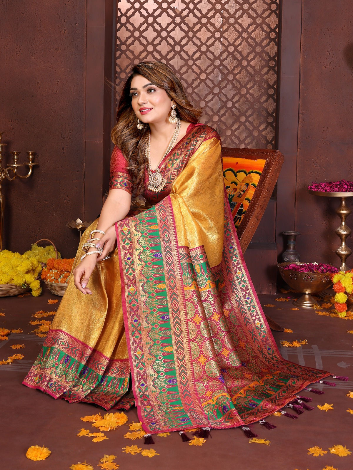 Pure Banarasi Tissue Silk Saree with Paithani Woven Border