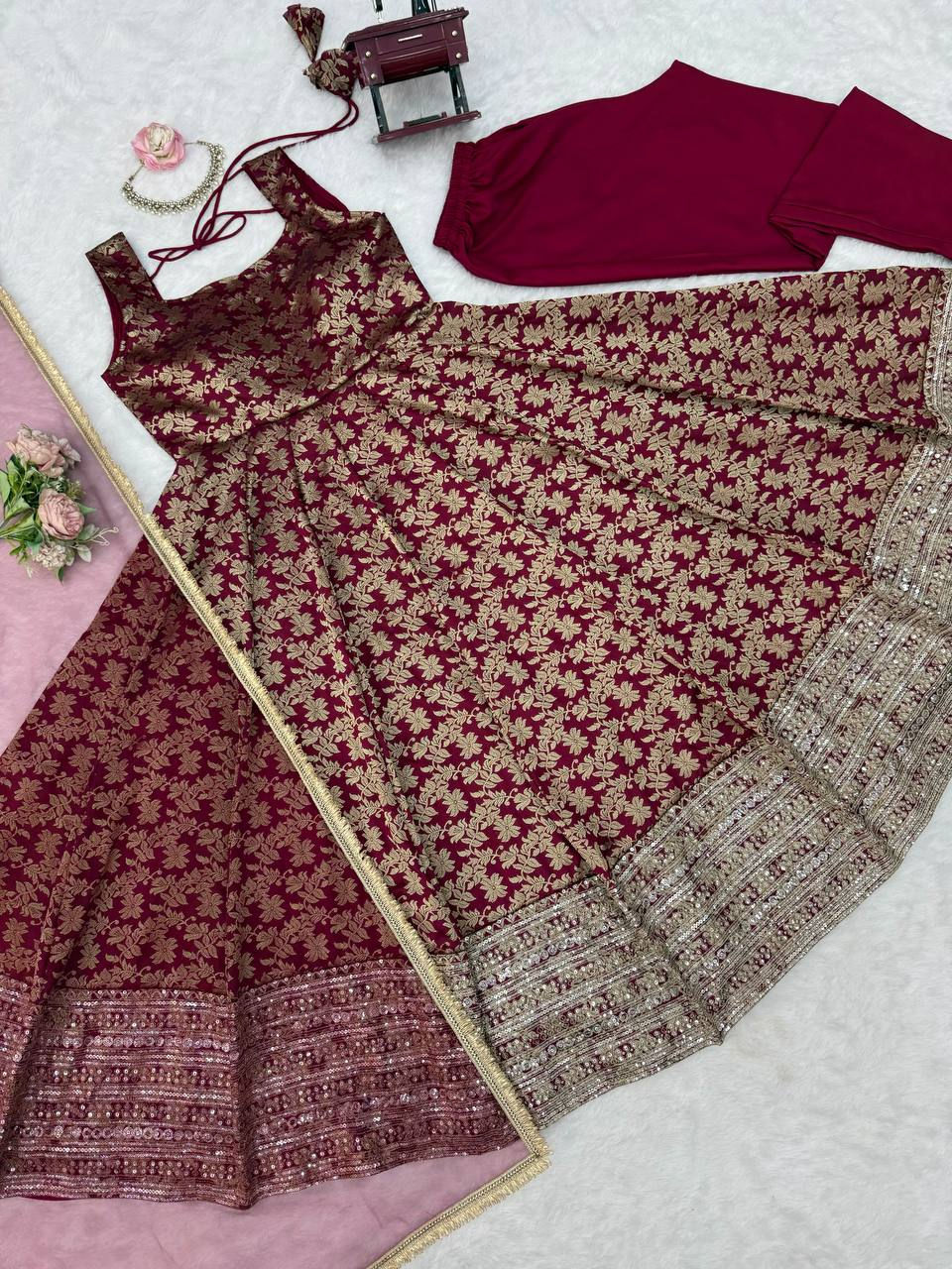 Thumbnail: Chanderi Jacquard Anarkali Suit Set with Sequins Work and Net Dupatta for Women