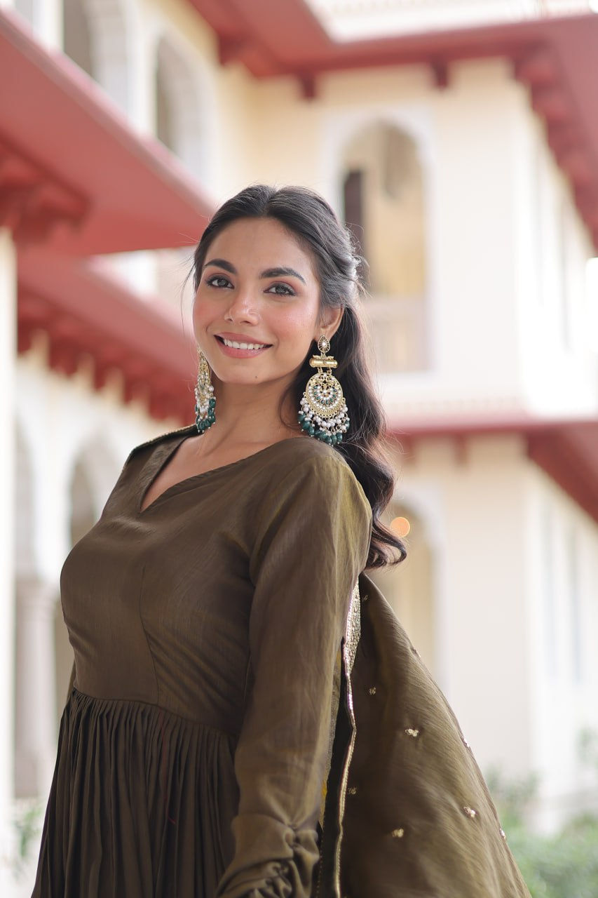 Thumbnail: PREMIUM DESIGNER VICHITRA SILK GOWN WITH DUPATTA – RICH SEQUINS EMBROIDERED FEST