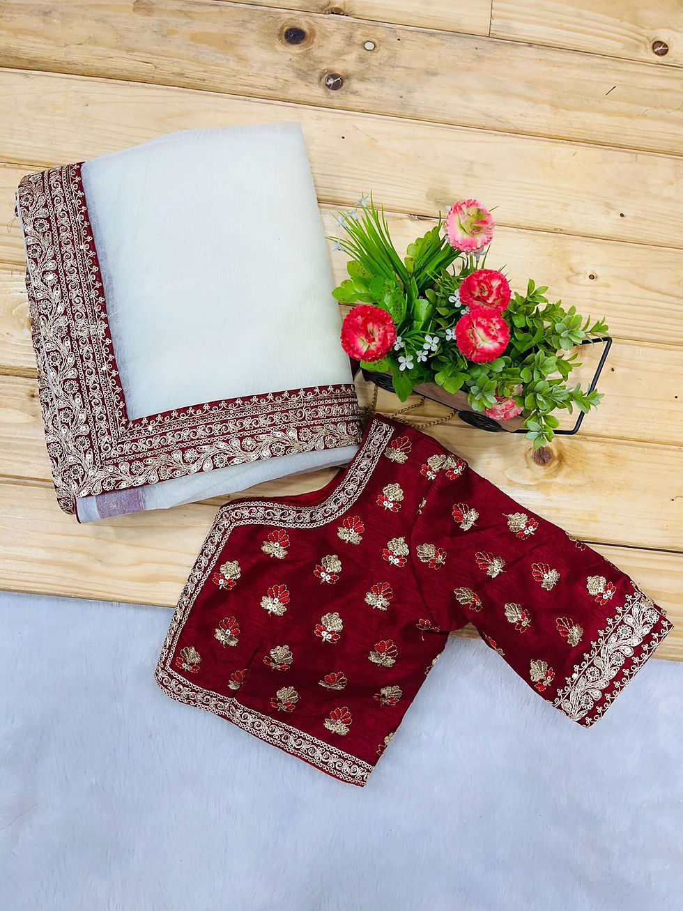 Thumbnail: Off White Banarasi Crush Saree with Sequins & Jari Dori Embroidered Lace Border