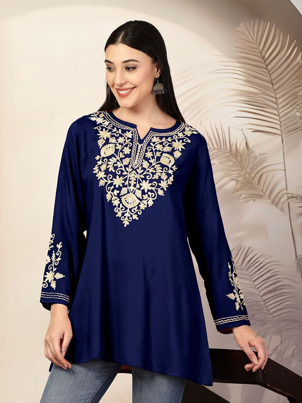 Thumbnail: Women Heavy Rayon Embroidered Short Kurti with Long Sleeves Casual Ethnic Daily