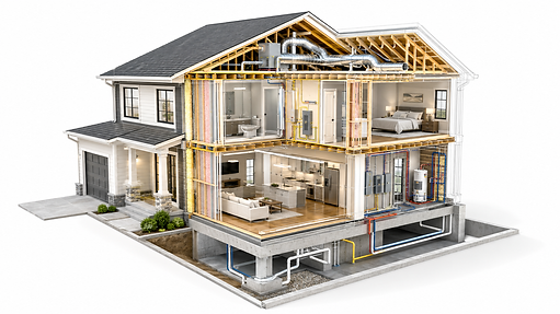 Residential property cutaway showing roof, structure, electrical, plumbing and HVAC inspection areas in Biloxi, Mississippi