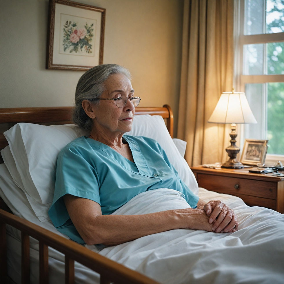 An elderly woman wearing a light blue shirt sits contemplatively on a bed in a cozy, warmly lit bedroom. She gazes out a window, deep in thought. The room is adorned with a floral painting and a classic lamp on a bedside table, which also holds several photographs in frames, creating a serene and homely atmosphere.