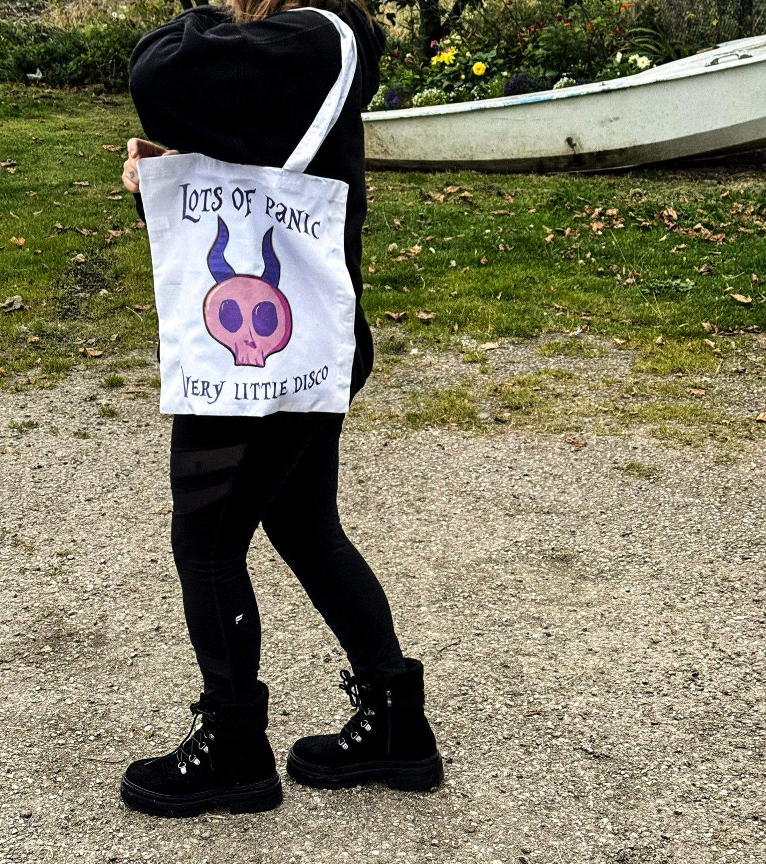 Lots of panic, very little disco skull tote bag 