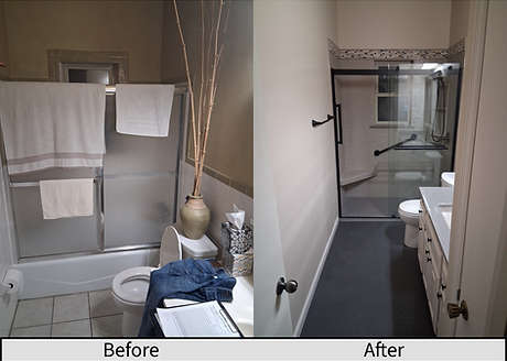 Tub to shower with bench, barn-style shower door, Onyx countertop and mosaic tile floor.