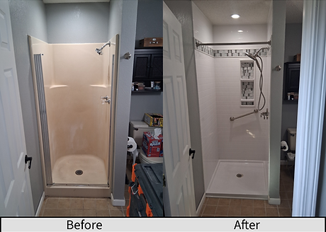 Small Lake Catherine shower gains some extra space after being remade with custom Onyx Collection walls and base.