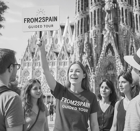 Tour guide gathering participants to join the tour with From2Spain