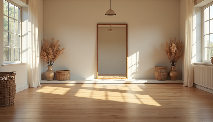 Eye-level view of a cozy home dance space with a wooden floor and a large mirror