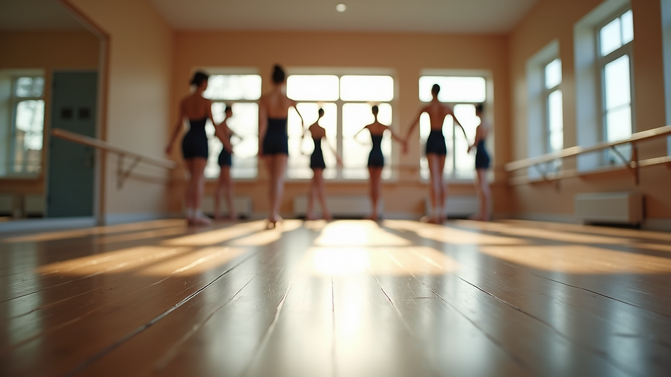 Eye-level view of a ballet studio with wooden floors and mirrors