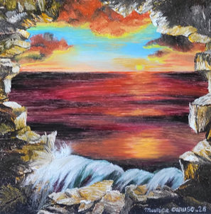 Tableau original d'un trompe l'œil. Mer débordant d'un mur cassé rongé par le temps.
Maurice Caruso