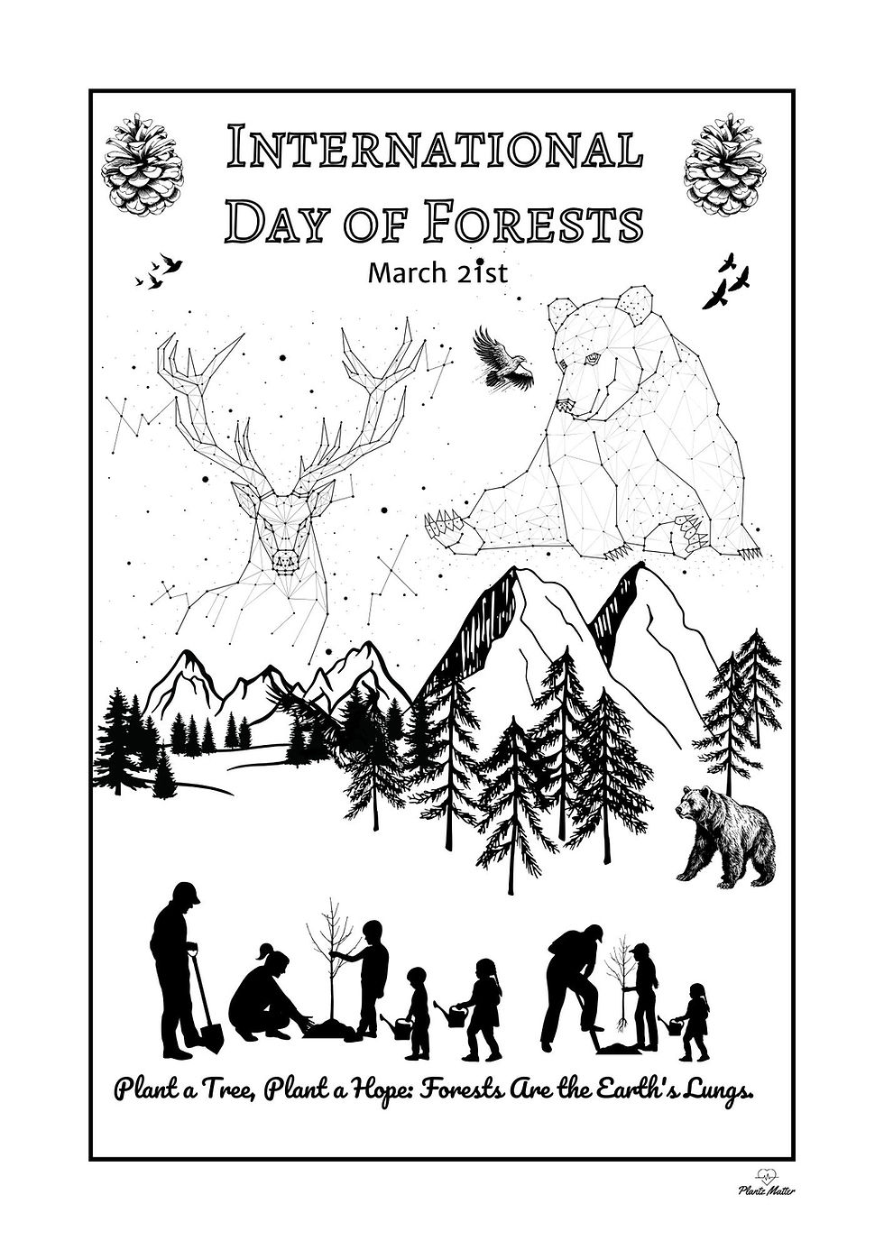 colouring page of people planting trees and animals in the background