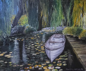L'univers d'un autre artiste, revisité. œuvre réalisée au pinceau et couteau.
Une barque sur un plan d'eau rempli de nénuphars.
Maurice Caruso