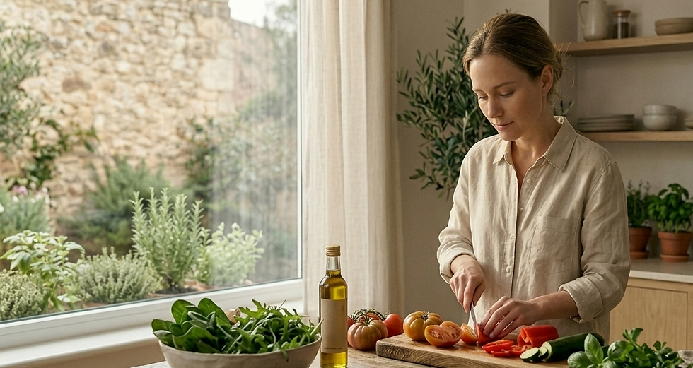 Mulher picando vegetais frescos na cozinha.
