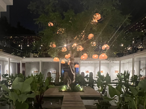 hall accueil ouvert de l'hotel la plantation. fontaine centrale et arbre décoré de lanternes en osier