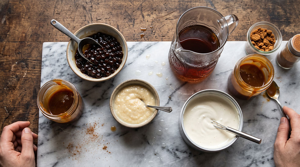 Commercial bubble tea ingredients for an autumn Banoffee dessert drink arranged on a café counter