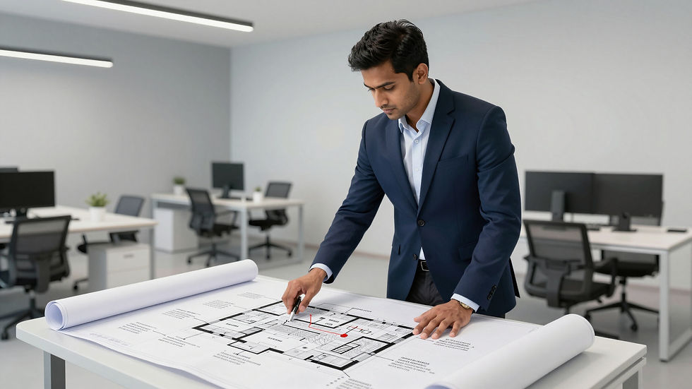 Consultant reviewing blueprints for integrated consultancy Singapore.